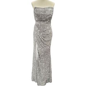 NWT Silver Strapless Sequin Evening Gown with Corset Back on Velvet Fabric
